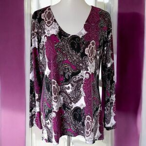 Women With Control By Renee Greenstein Purple Black Paisley Blouse Top Sz LP